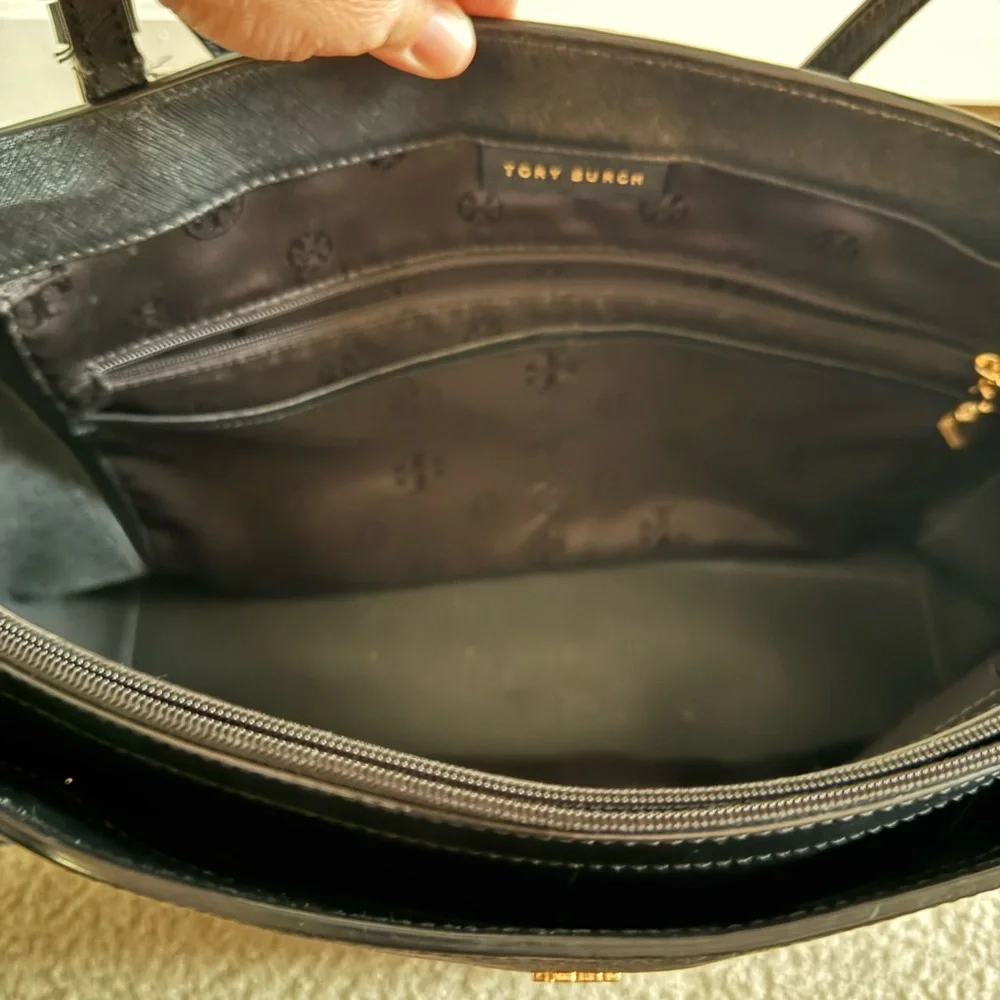 Tory Burch Black Leather Saffiano Tote with Gold Hardware